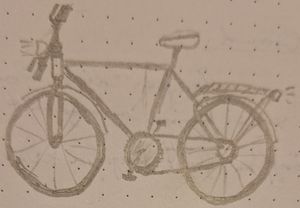 Pencil drawing of a bicycle. Shows the frame, wheels, saddle, pedals, gearwheels, chain, handlebar, lights, luggage carrier, brake levers, mudguards. Doesn't show the brake mechanism, multiple gears, source of electricity.
