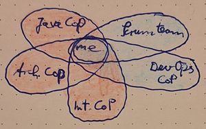 Diagram showing “working groups” I am part of as bubbles with the common overlap being me: Java CoP, Arch. CoP, Int. CoP (all red); Scrum team, DevOps CoP (blue).