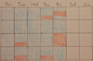 Calendar view of one month showing a rough allocation of my work time. Most of it is blue (work for the customer), some days are partially, and one day completely red (internal work for my employer). Weekends are free.